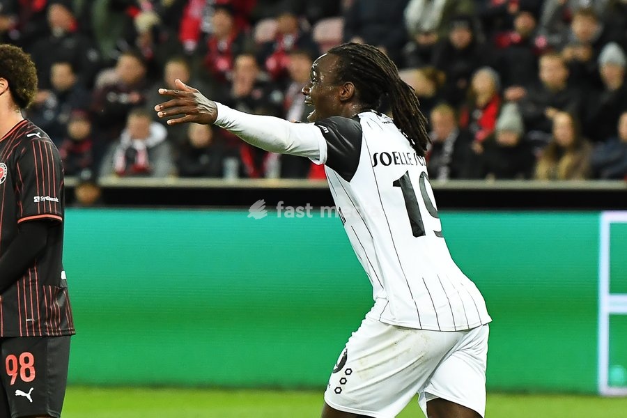 STVV's Frederic Soelle Soelle celebrates after scoring during a soccer game between Danish FC Midtjylland and Belgian Sint-Truidense VV, Thursday 22 October 2026 in Herning, Denmark, on the second day of the UEFA Conference League league phase