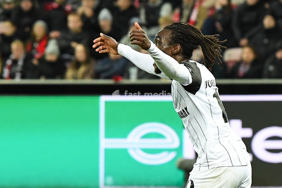 STVV's Frederic Soelle Soelle celebrates after scoring during a soccer game between Danish FC Midtjylland and Belgian Sint-Truidense VV, Thursday 22 October 2026 in Herning, Denmark, on the second day of the UEFA Conference League league phase