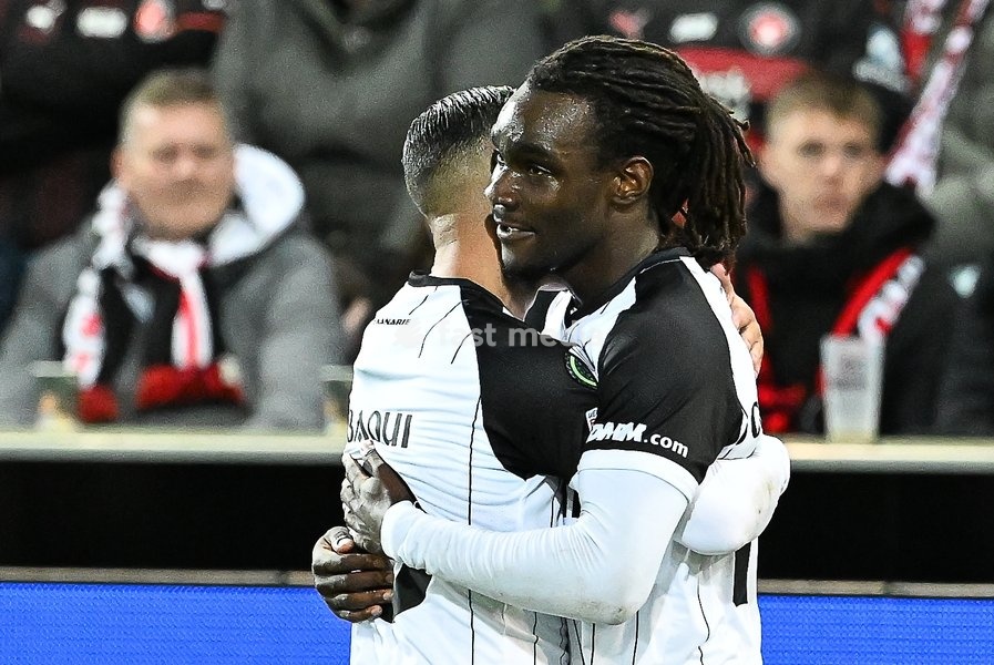 STVV's Frederic Soelle Soelle celebrates after scoring during a soccer game between Danish FC Midtjylland and Belgian Sint-Truidense VV, Thursday 22 October 2026 in Herning, Denmark, on the second day of the UEFA Conference League league phase