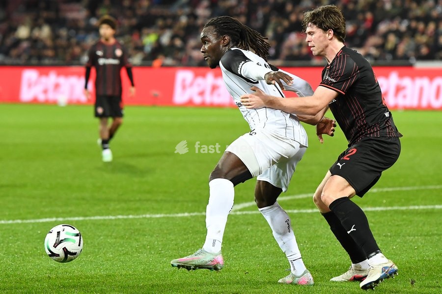 STVV's Frederic Soelle Soelle and Midtjylland's Mads Bech Sorensen pictured in action during a soccer game between Danish FC Midtjylland and Belgian Sint-Truidense VV, Thursday 22 October 2026 in Herning, Denmark, on the second day of the UEFA Conference League league phase