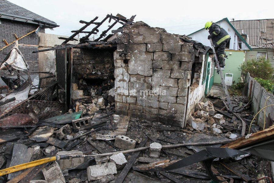 A residential area is damaged by a Russian attack in Dnipro, Ukraine, October 22, 2026. According to city head Borys Filatov, 11 private houses were damaged in the strike on Thursday morning, and one home burned down completely