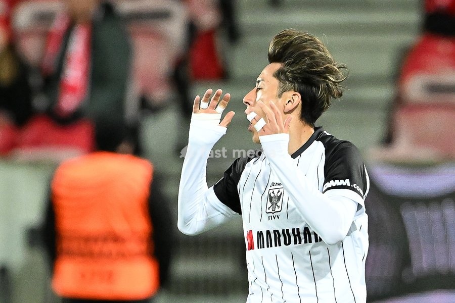 STVV's Kaito Matsuzawa looks dejected during a soccer game between Danish FC Midtjylland and Belgian Sint-Truidense VV, Thursday 22 October 2026 in Herning, Denmark, on the second day of the UEFA Conference League league phase
