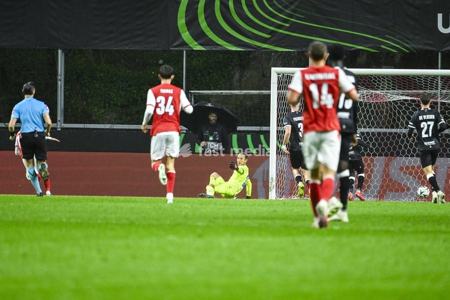 Gabriel Martinez Aguilera of SC Braga scores a goal against Davy Roef goalkeeper of KAA Gent during a soccer game between Portuguese SC Braga and Belgian soccer team KAA Gent, Thursday 22 October 2026 in Braga, Portugal, the second match in the UEFA Conference League league phase