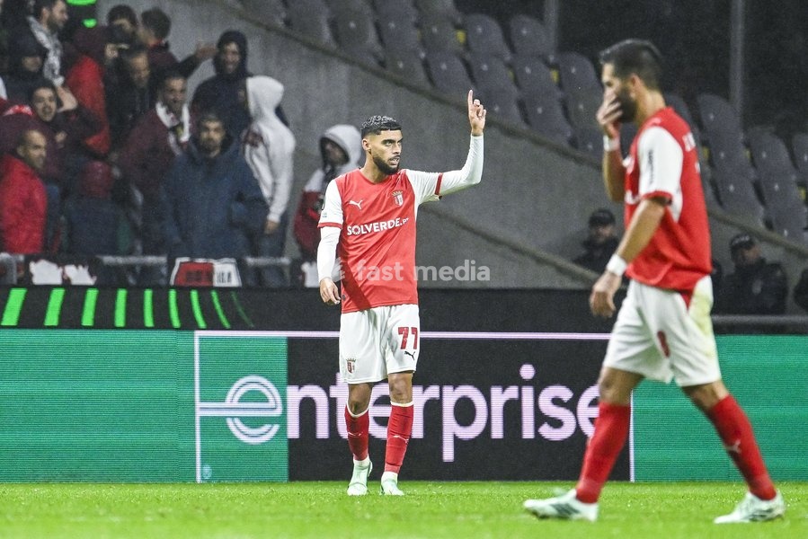 Gabriel Martinez Aguilera of SC Braga celebrates after scoring during a soccer game between Portuguese SC Braga and Belgian soccer team KAA Gent, Thursday 22 October 2026 in Braga, Portugal, the second match in the UEFA Conference League league phase