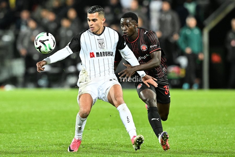 pictured in action during a soccer game between Danish FC Midtjylland and Belgian Sint-Truidense VV, Thursday 22 October 2026 in Herning, Denmark, on the second day of the UEFA Conference League league phase