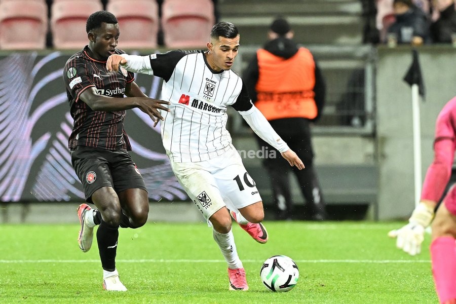 pictured in action during a soccer game between Danish FC Midtjylland and Belgian Sint-Truidense VV, Thursday 22 October 2026 in Herning, Denmark, on the second day of the UEFA Conference League league phase