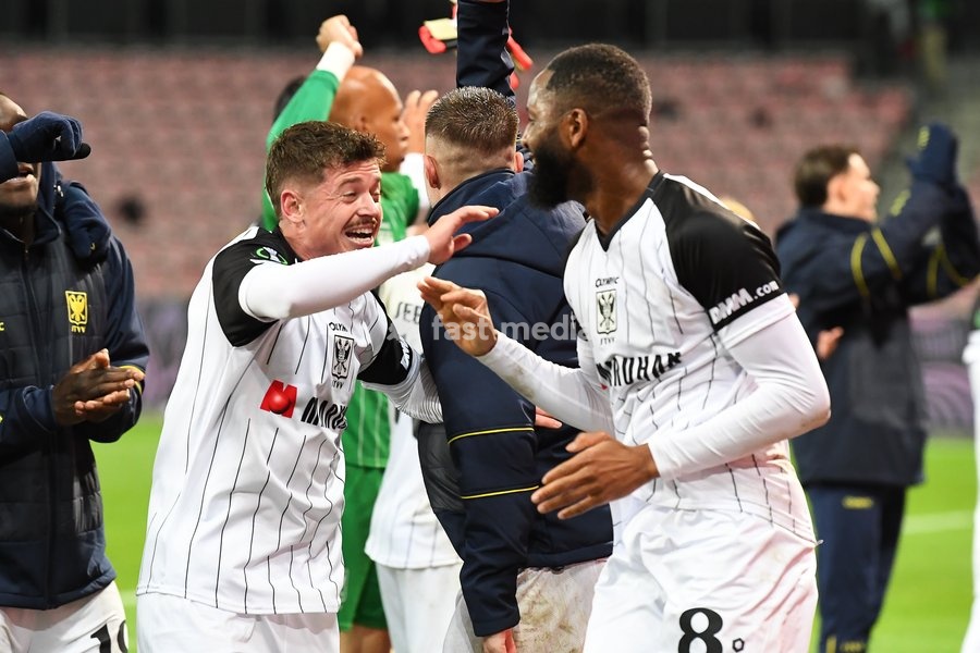 STVV's players celebrate after winning a soccer game between Danish FC Midtjylland and Belgian Sint-Truidense VV, Thursday 22 October 2026 in Herning, Denmark, on the second day of the UEFA Conference League league phase