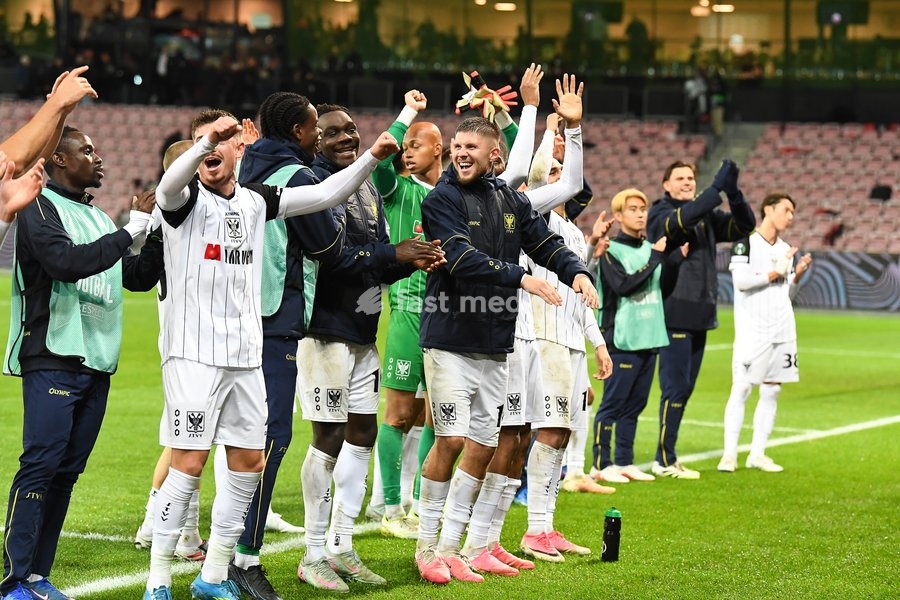 STVV's players celebrate after winning a soccer game between Danish FC Midtjylland and Belgian Sint-Truidense VV, Thursday 22 October 2026 in Herning, Denmark, on the second day of the UEFA Conference League league phase