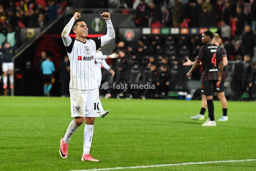 STVV's players celebrate after winning a soccer game between Danish FC Midtjylland and Belgian Sint-Truidense VV, Thursday 22 October 2026 in Herning, Denmark, on the second day of the UEFA Conference League league phase