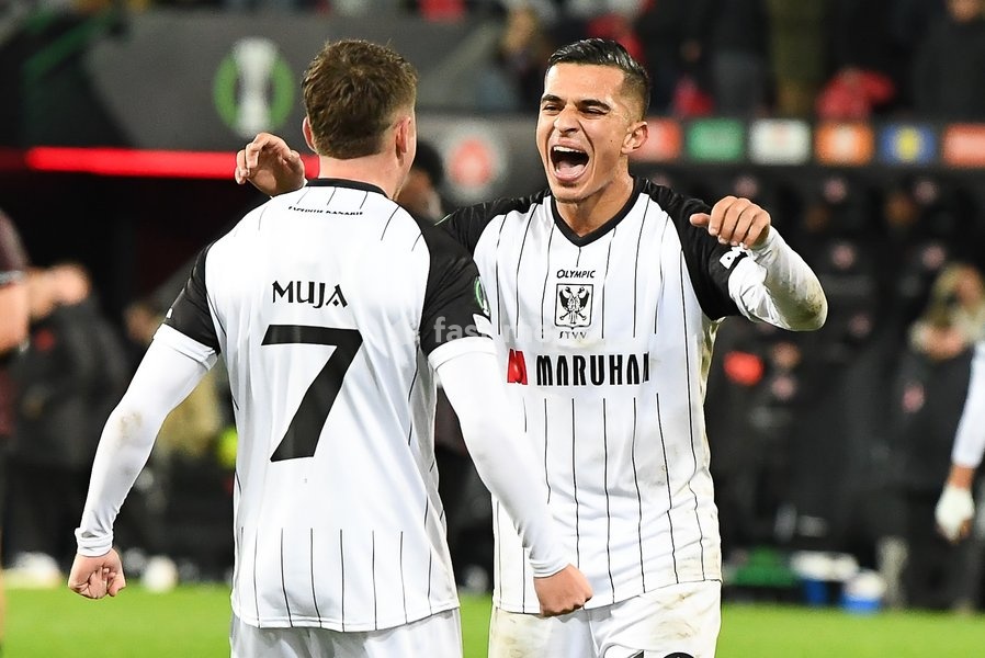 STVV's players celebrate after winning a soccer game between Danish FC Midtjylland and Belgian Sint-Truidense VV, Thursday 22 October 2026 in Herning, Denmark, on the second day of the UEFA Conference League league phase
