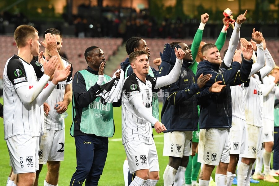 STVV's players celebrate after winning a soccer game between Danish FC Midtjylland and Belgian Sint-Truidense VV, Thursday 22 October 2026 in Herning, Denmark, on the second day of the UEFA Conference League league phase