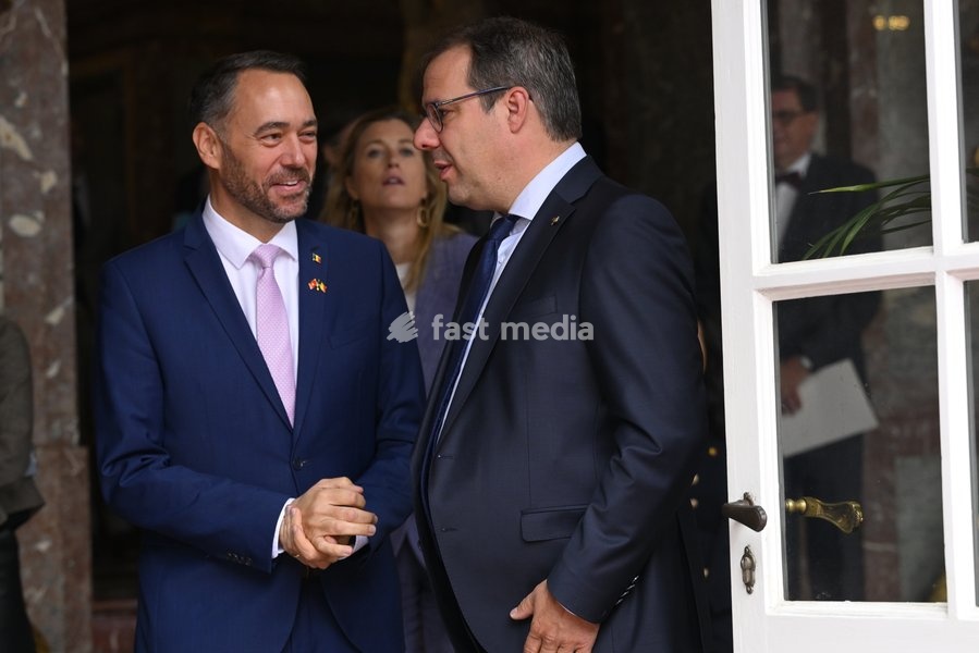 Vice-prime minister and Minister of Foreign Affairs Maxime Prevot and Vice-prime Minister and minister of Economy and Work David Clarinval pictured before a diplomatic meeting with the Vietnamese president in Brussels, on Friday 23 October 2026. The President of Vietnam and his wife visit Belgium…