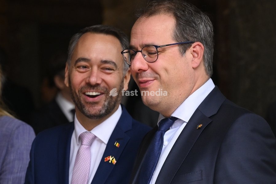 Vice-prime minister and Minister of Foreign Affairs Maxime Prevot and Vice-prime Minister and minister of Economy and Work David Clarinval pictured before a diplomatic meeting with the Vietnamese president in Brussels, on Friday 23 October 2026. The President of Vietnam and his wife visit Belgium…