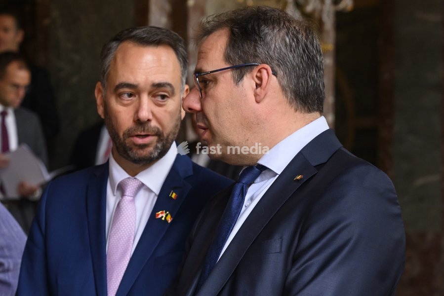 Vice-prime minister and Minister of Foreign Affairs Maxime Prevot and Vice-prime Minister and minister of Economy and Work David Clarinval pictured before a diplomatic meeting with the Vietnamese president in Brussels, on Friday 23 October 2026. The President of Vietnam and his wife visit Belgium…