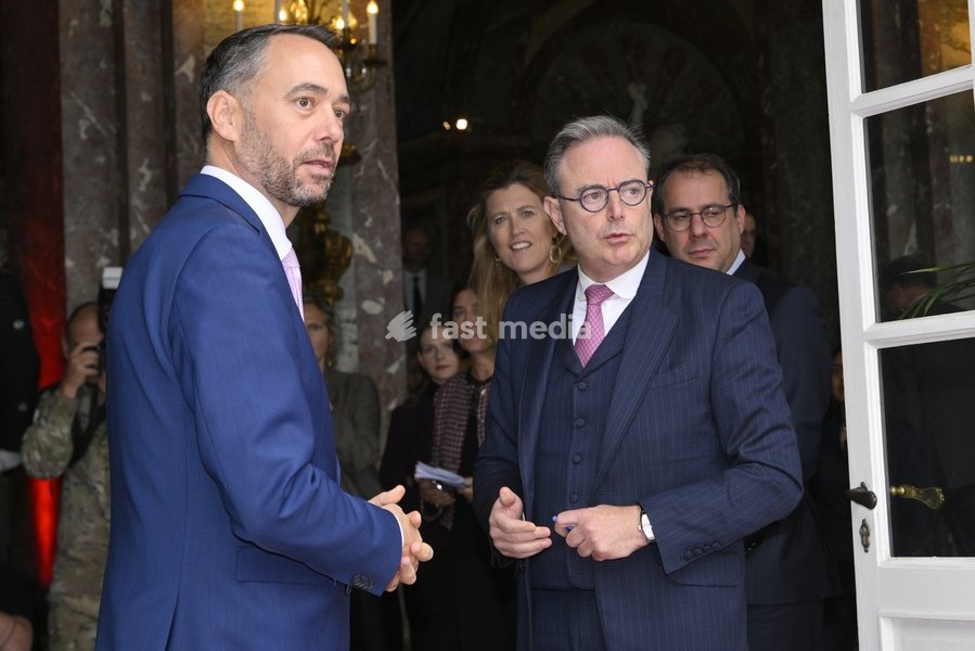Vice-prime minister and Minister of Foreign Affairs Maxime Prevot and Prime Minister Bart De Wever pictured before a diplomatic meeting with the Vietnamese president in Brussels, on Friday 23 October 2026. The President of Vietnam and his wife visit Belgium from 21 to 24 October