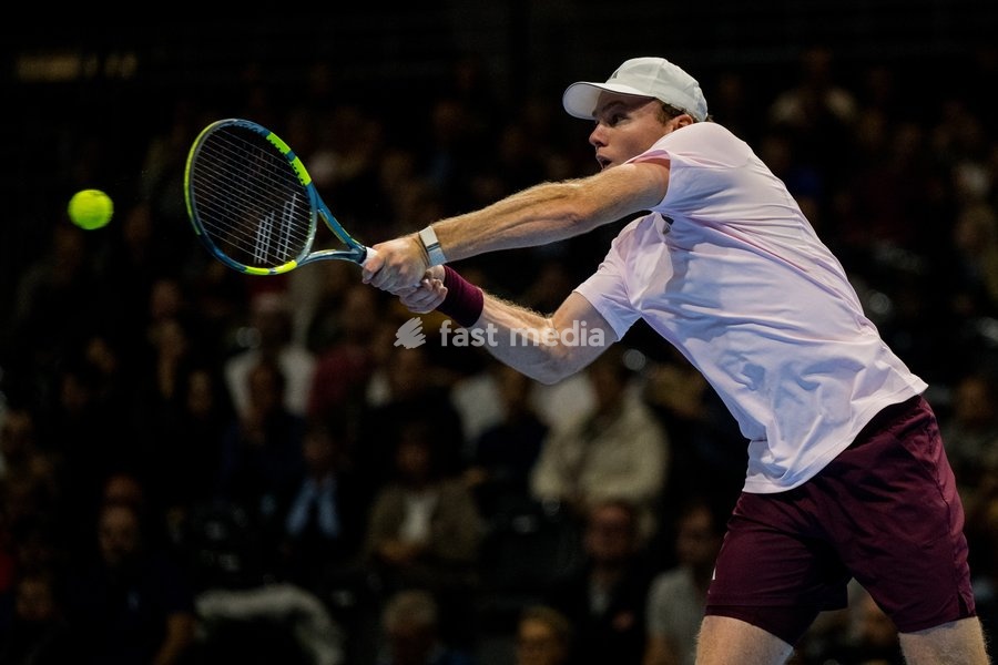 Alex Michelsen of the United States pictured in action during the European Open ATP tennis tournament in Brussels, on Friday 23 October 2026. This year's edition of the tournament is taking place from 17 to 25 October
