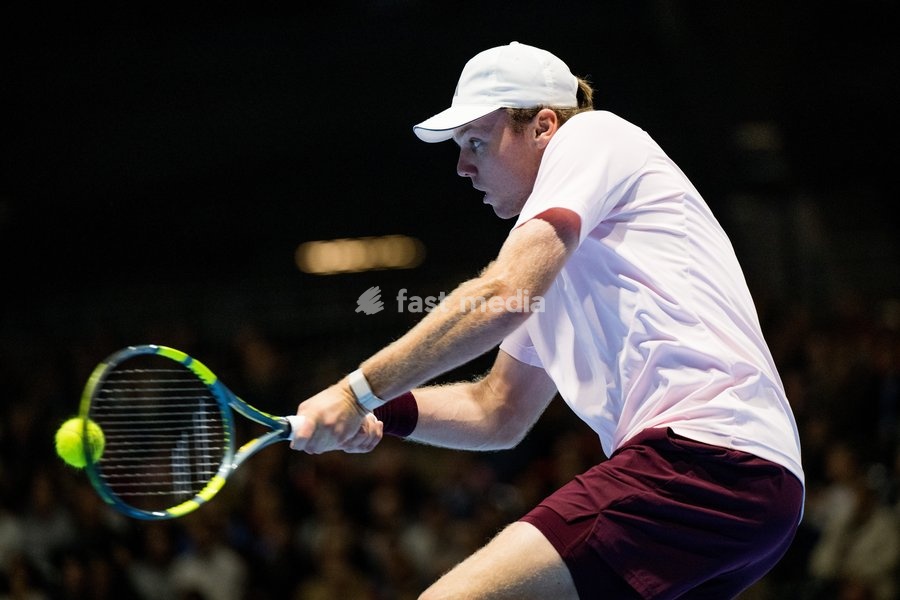 Alex Michelsen of the United States pictured in action during the European Open ATP tennis tournament in Brussels, on Friday 23 October 2026. This year's edition of the tournament is taking place from 17 to 25 October