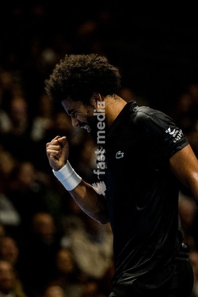 Arthur Fils of France celebrates during the European Open ATP tennis tournament in Brussels, on Friday 23 October 2026. This year's edition of the tournament is taking place from 17 to 25 October