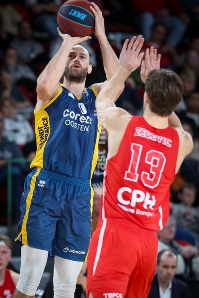 Oostende's Pierre-Antoine Gillet and Spirou's Lukijan Zecevic fight for the ball during a basketball match between Spirou Charleroi and BC Oostende, Friday 23 October 2026 in Charleroi, on day 4 of the 'BNXT League' Belgian and Dutch first division basket championship