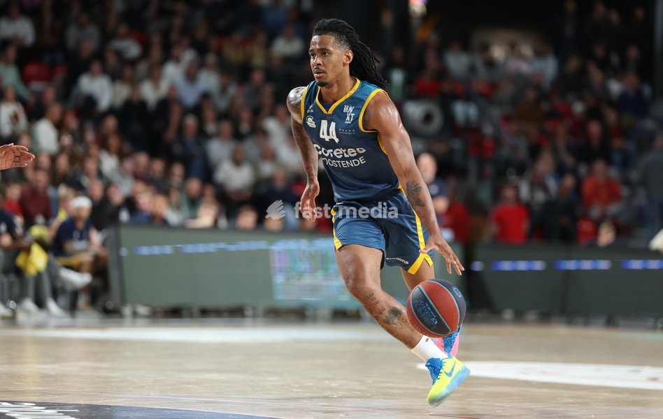 Oostende's Adam Miller pictured during a basketball match between Spirou Charleroi and BC Oostende, Friday 23 October 2026 in Charleroi, on day 4 of the 'BNXT League' Belgian and Dutch first division basket championship