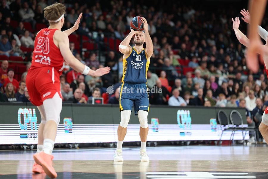 Oostende's Pierre-Antoine Gillet pictured during a basketball match between Spirou Charleroi and BC Oostende, Friday 23 October 2026 in Charleroi, on day 4 of the 'BNXT League' Belgian and Dutch first division basket championship