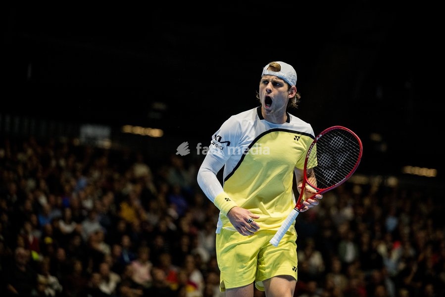 Zizou Bergs of Belgium celebrates during the European Open ATP tennis tournament in Brussels, on Friday 23 October 2026. This year's edition of the tournament is taking place from 17 to 25 October