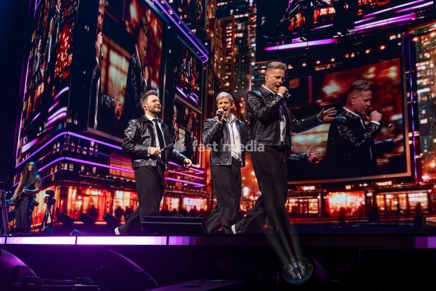 Nicky Byrne, Shane Filan and Kian Egan of Westlife perform at Co-Op Live, Manchester, England, 23rd October 2026 as part of the Westlife 25th Anniversary Tour