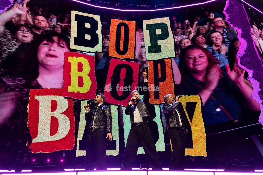 Nicky Byrne, Shane Filan and Kian Egan of Westlife perform at Co-Op Live, Manchester, England, 23rd October 2026 as part of the Westlife 25th Anniversary Tour