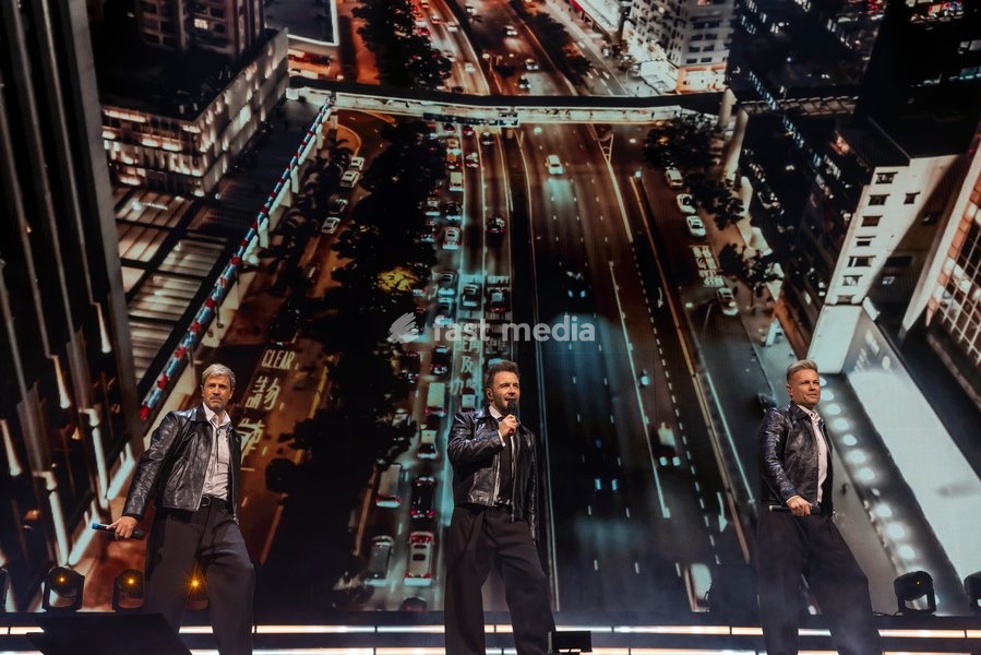 Nicky Byrne, Shane Filan and Kian Egan of Westlife perform at Co-Op Live, Manchester, England, 23rd October 2026 as part of the Westlife 25th Anniversary Tour