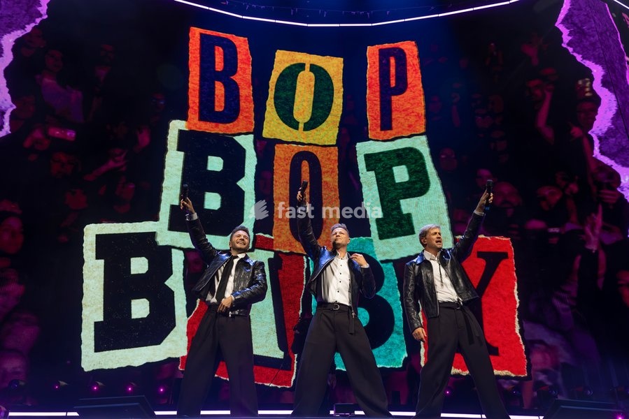 Nicky Byrne, Shane Filan and Kian Egan of Westlife perform at Co-Op Live, Manchester, England, 23rd October 2026 as part of the Westlife 25th Anniversary Tour