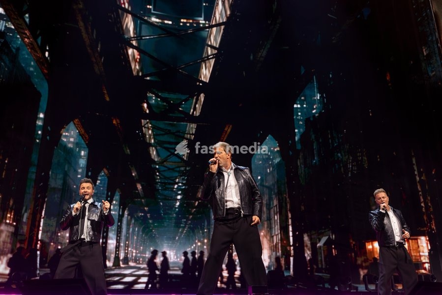 Nicky Byrne, Shane Filan and Kian Egan of Westlife perform at Co-Op Live, Manchester, England, 23rd October 2026 as part of the Westlife 25th Anniversary Tour