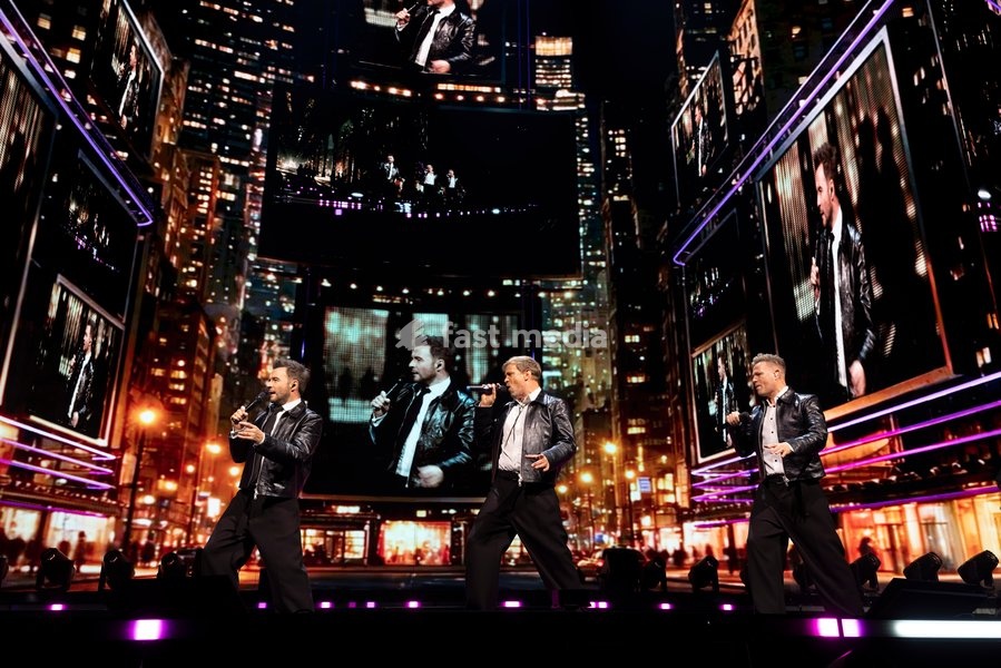 Nicky Byrne, Shane Filan and Kian Egan of Westlife perform at Co-Op Live, Manchester, England, 23rd October 2026 as part of the Westlife 25th Anniversary Tour