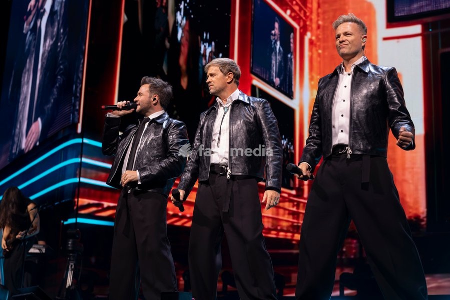 Nicky Byrne, Shane Filan and Kian Egan of Westlife perform at Co-Op Live, Manchester, England, 23rd October 2026 as part of the Westlife 25th Anniversary Tour