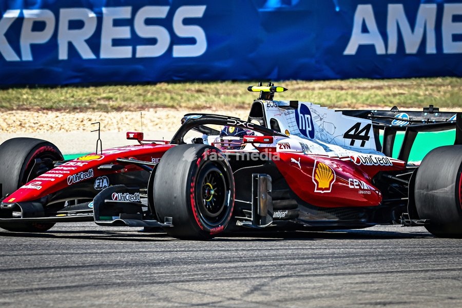 AUSTIN, UNITED STATES - OCTOBER 23: Lewis Hamilton of Great Britain driving the (44) Scuderia Ferrari HP Ferrari SF-26 on track during first practice of the Formula 1 MSC Cruises United States Grand Prix 2026 at Circuit of the Americas on October 23, 2026 in Austin, United States