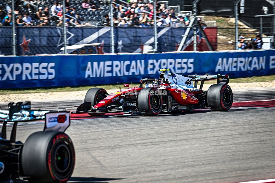 AUSTIN, UNITED STATES - OCTOBER 23: Lewis Hamilton of Great Britain driving the (44) Scuderia Ferrari HP Ferrari SF-26 on track during first practice of the Formula 1 MSC Cruises United States Grand Prix 2026 at Circuit of the Americas on October 23, 2026 in Austin, United States