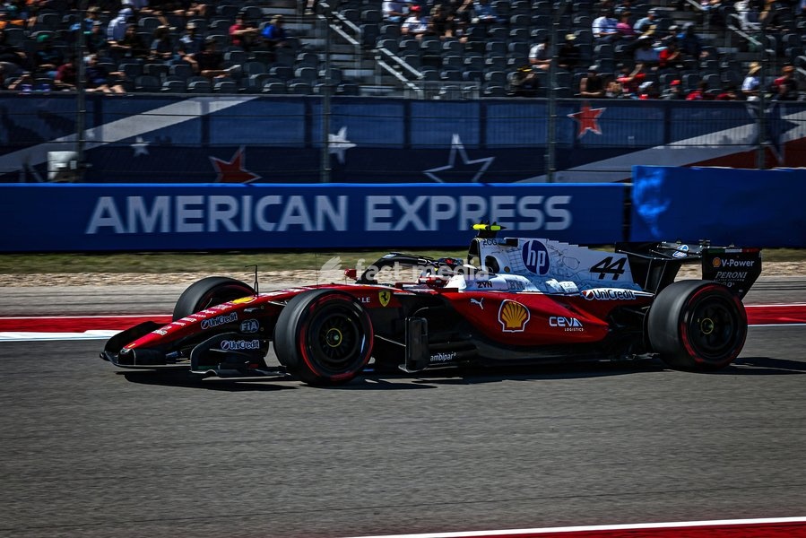 AUSTIN, UNITED STATES - OCTOBER 23: Lewis Hamilton of Great Britain driving the (44) Scuderia Ferrari HP Ferrari SF-26 on track during first practice of the Formula 1 MSC Cruises United States Grand Prix 2026 at Circuit of the Americas on October 23, 2026 in Austin, United States