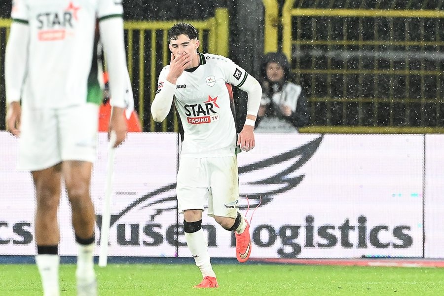 OHL's Robin Mirisola celebrates after scoring during a soccer match between Oud-Heverlee Leuven and Lommel SK, Saturday 24 October 2026 in Heverlee, on day 9 of the 2026-2027 'Jupiler Pro League' first division of the Belgian championship