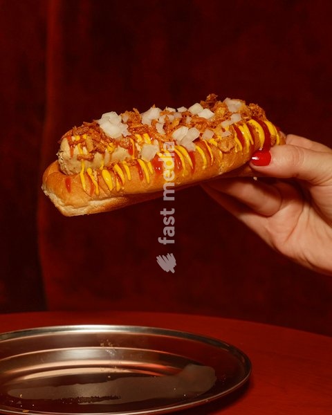Classic Ballpark Dog with ketchup, mustard, raw onion, crispy onion at Altar in Leytonstone, London, United Kingdom