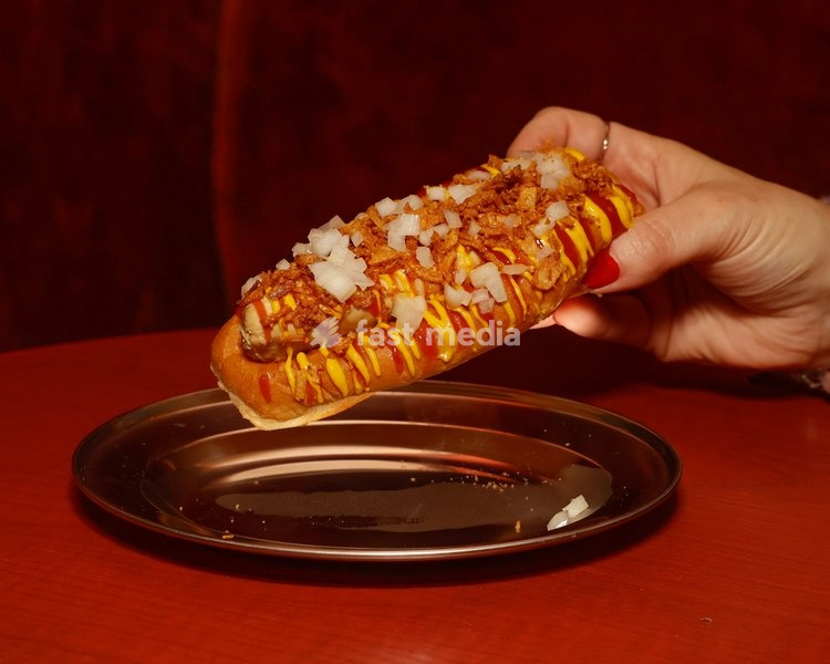 Classic Ballpark Dog with ketchup, mustard, raw onion, crispy onion at Altar in Leytonstone, London, United Kingdom
