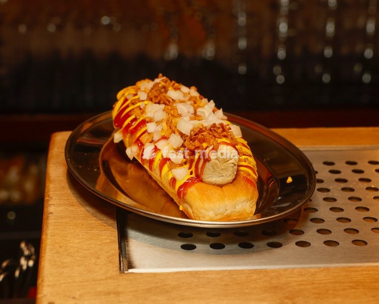 Classic Ballpark Dog with ketchup, mustard, raw onion, crispy onion at Altar in Leytonstone, London, United Kingdom