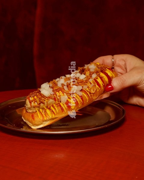 Classic Ballpark Dog with ketchup, mustard, raw onion, crispy onion at Altar in Leytonstone, London, United Kingdom