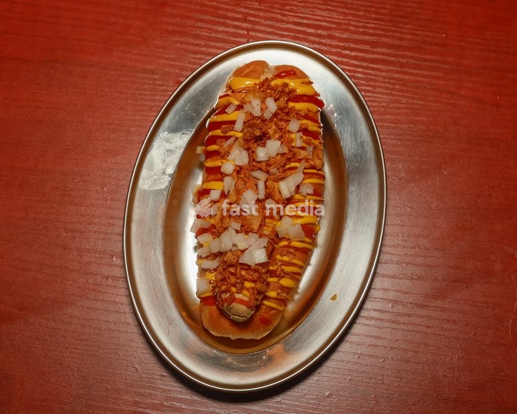 Classic Ballpark Dog with ketchup, mustard, raw onion, crispy onion at Altar in Leytonstone, London, United Kingdom