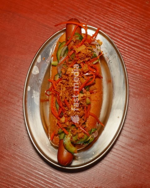Bánh Mì Hot Dog with pâté, kachumber, chilli-pickled carrot and crispy onion at Altar in Leytonstone, London, United Kingdom