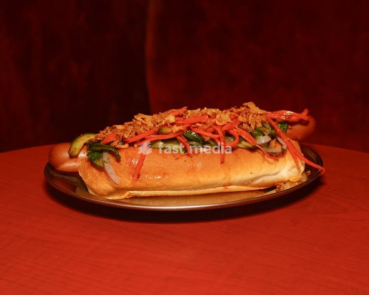 Bánh Mì Hot Dog with pâté, kachumber, chilli-pickled carrot and crispy onion at Altar in Leytonstone, London, United Kingdom