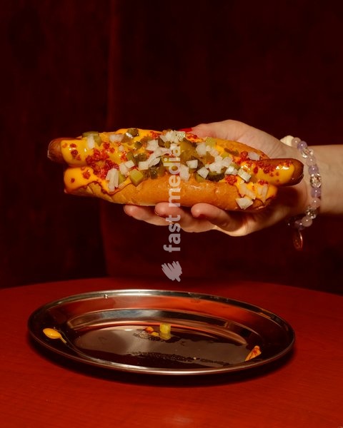 Chilli Bacon Cheese Hot Dog with nacho cheese, bacon, jalapeño, gherkin and onion at Altar in Leytonstone, London, United Kingdom