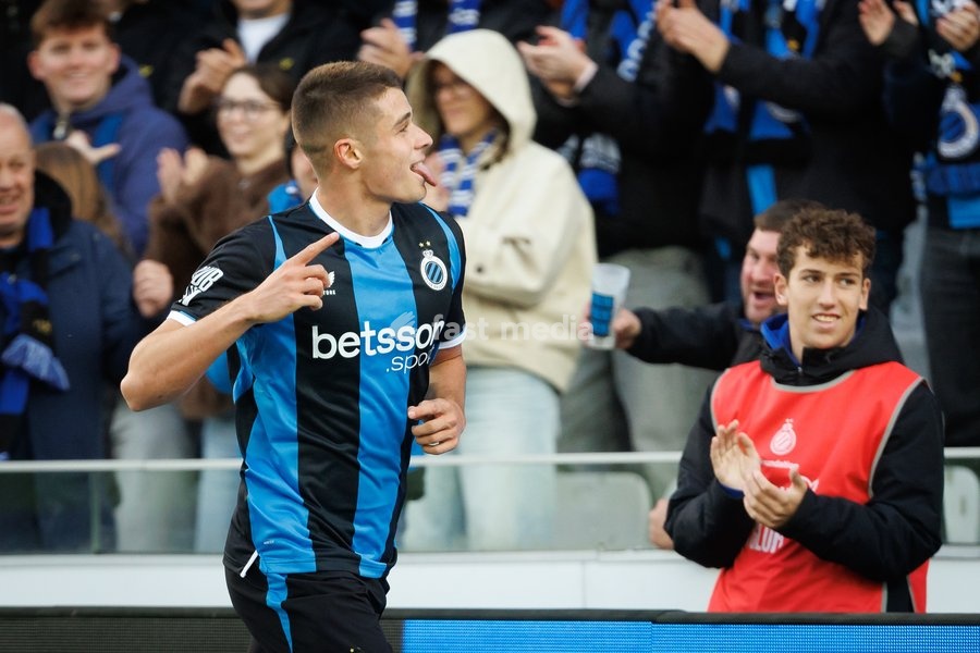 Club's Nicolo Tresoldi celebrates after scoring during a soccer match between Club Brugge and Sint-Truidense VV , Sunday 25 October 2026 in Brugge, on day 9 of the 2026-2027 'Jupiler Pro League' first division of the Belgian championship