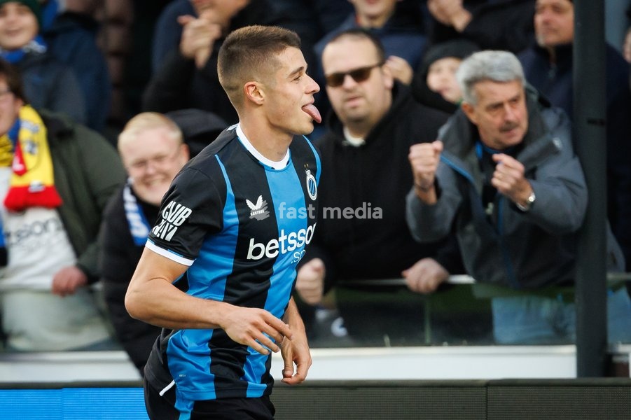 Club's Nicolo Tresoldi celebrates after scoring during a soccer match between Club Brugge and Sint-Truidense VV , Sunday 25 October 2026 in Brugge, on day 9 of the 2026-2027 'Jupiler Pro League' first division of the Belgian championship