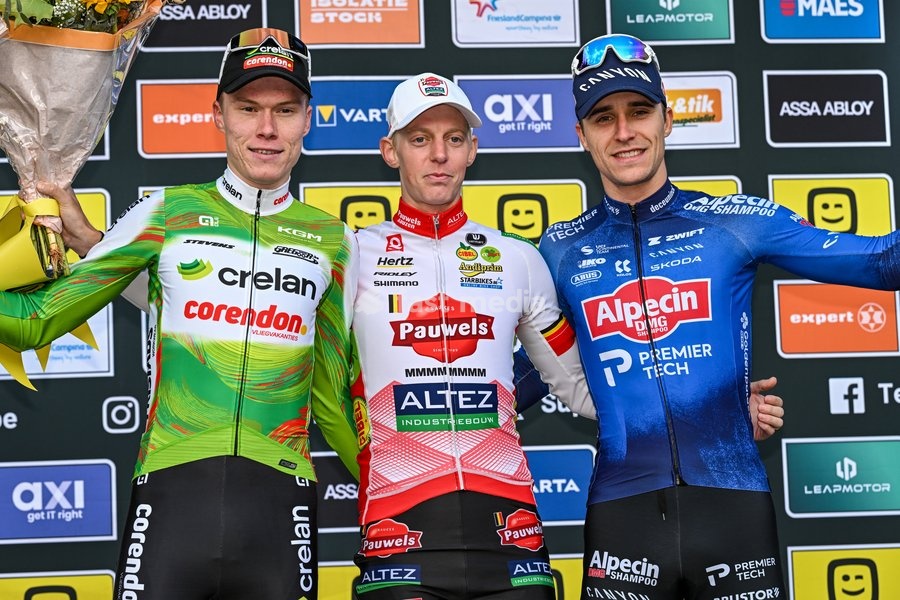 Belgium's Witse Meeussen; Belgium's Michael Vanthourenhout and Belgium's Niels Vandeputte pictured on the podium after the men's elite race of the Superprestige Overijse cyclocross cycling event, Sunday 25 October 2026 in Overijse, the first race of the Superprestige competition