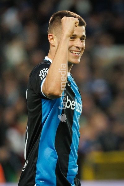 Club's Nicolo Tresoldi celebrates after scoring during a soccer match between Club Brugge and Sint-Truidense VV , Sunday 25 October 2026 in Brugge, on day 9 of the 2026-2027 'Jupiler Pro League' first division of the Belgian championship