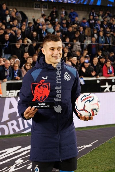 Club's Nicolo Tresoldi after winning the Jupiler Man of the Match trophy a soccer match between Club Brugge and Sint-Truidense VV , Sunday 25 October 2026 in Brugge, on day 9 of the 2026-2027 'Jupiler Pro League' first division of the Belgian championship